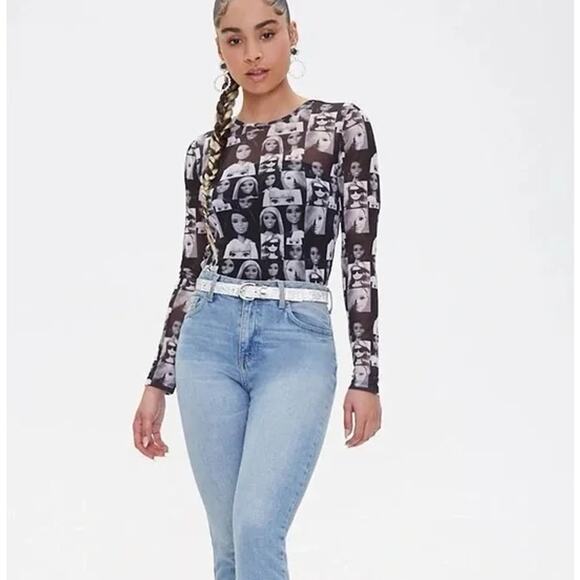Barbie x Forever 21 Small Long Sleeve Top Sheer Mesh Doll Print Black Festival - Picture 3 of 13